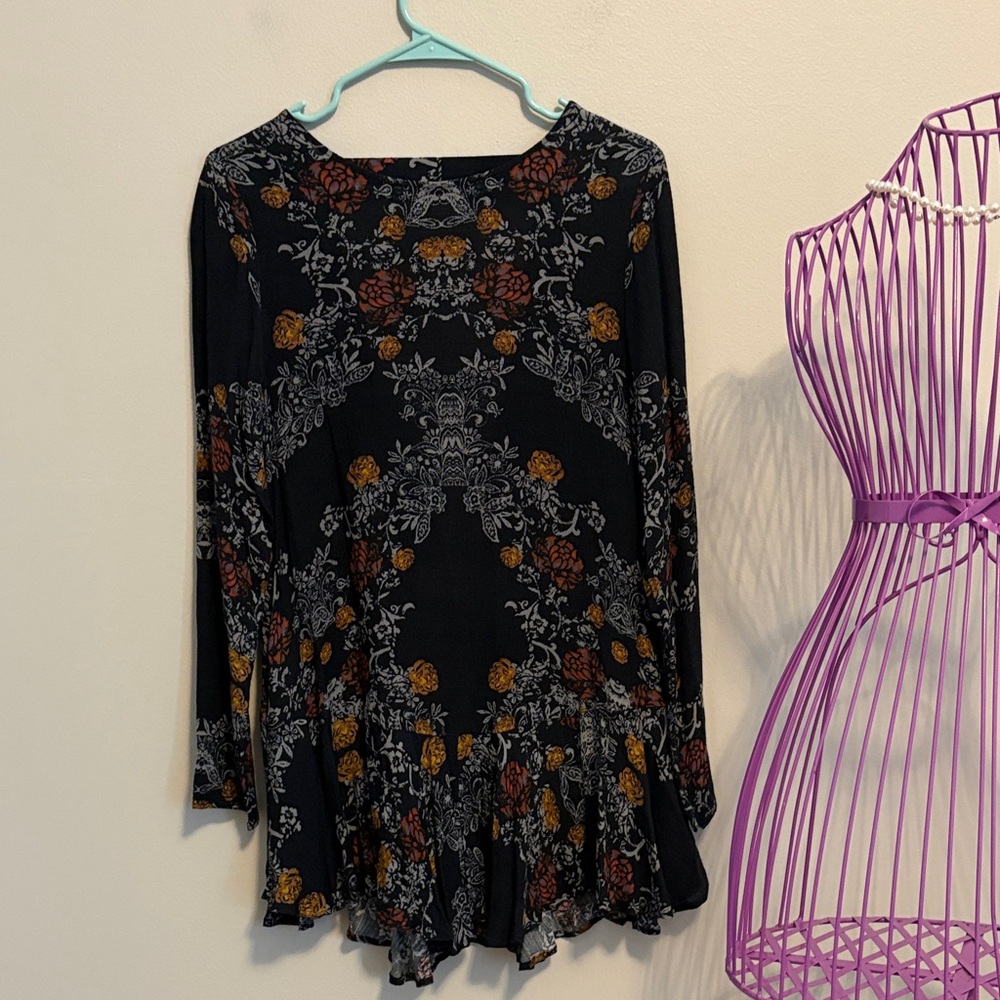 Free People Black Floral Long Sleeve Backless Dress